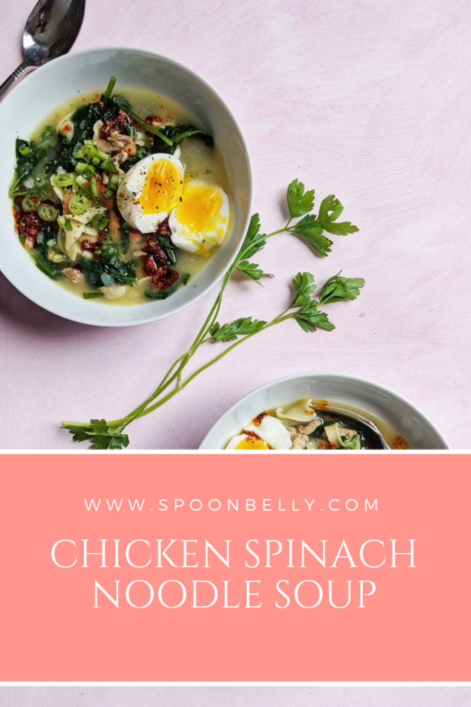 Chicken noodle soup with loads of spinach. Comfort food made easy. 